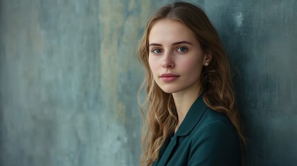 Fototapeta premium Portrait of a Young Woman with Long Hair Against a Textured Wall