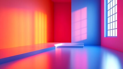 Vibrant red blue room dramatic lighting minimal platform. AI Generated