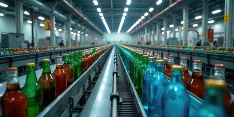 Fototapeta premium Bottles on a Conveyor Belt in a Modern Factory Setting, Rows of Colorful Glass Beverage Containers Moving Towards Packaging