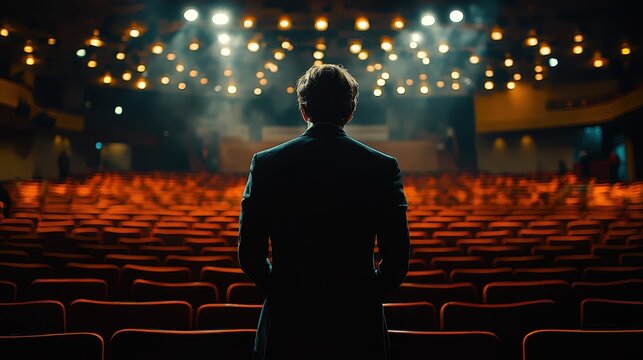 A professional practicing a speech in an empty auditorium.