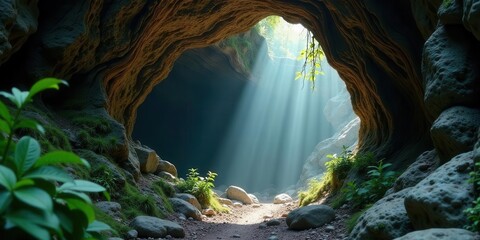 Sunbeams Illuminate a Mysterious Cave Entrance, Revealing a Path Through Rocky Terrain and Lush Vegetation
