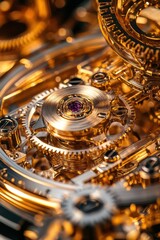 Fototapeta premium Intricate Golden Gears of a Luxury Watch Mechanism: A Close-Up View Revealing the Precision Engineering and Artistry of High-End Horology