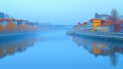 Obraz premium Riverfront Cityscape with Bridge and Misty Reflections