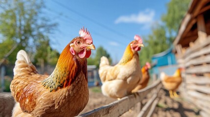 Fototapeta premium Chickens on a Farm Fence
