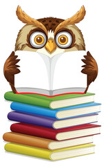 Wise Owl Reading on Book Stack