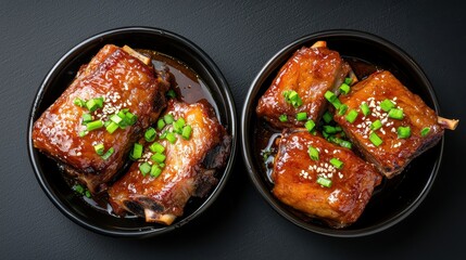 Savory barbecue ribs kitchen food photography dark background close-up shot culinary delight