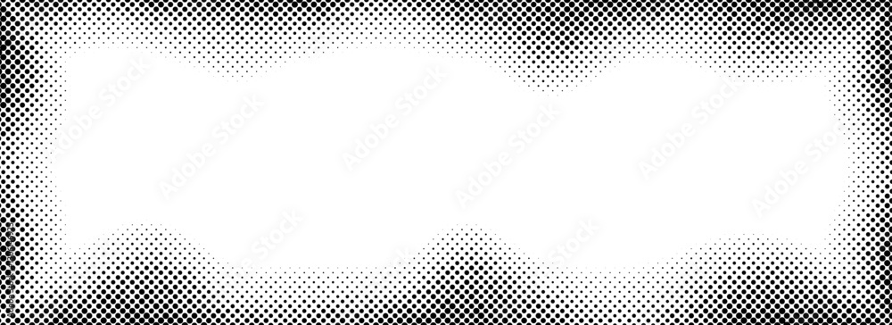 Poster halftone rectangle grain frame. black comic dotted wavy border. pop art fading gradient frame backdr