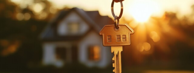 New beginnings with a house key at sunset highlighting homeownership and the joy of moving