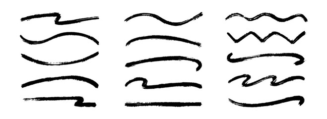 Straight, zigzag and wavy paint line set. Thick sketch brush stroke collection. Rough charcoal squiggle stripes for highlight, underline, emphasis. Vector hand drawn textured crayon chalk strips