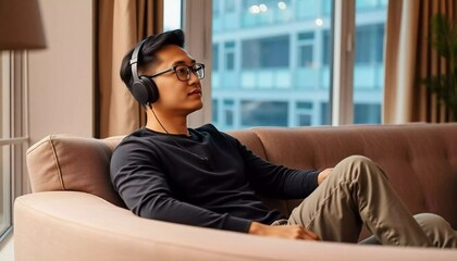 Fototapeta premium Man Listening to Music, Relaxed Headphone Illustration, Modern Music Lifestyle, Chill Music Vibes Art, AI Music Scene