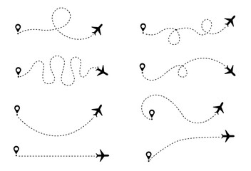 Airplane dotted route line set. Path travel line shapes. Flight route with start point and dash line trace for plane
