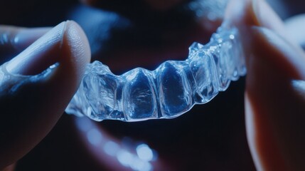 Clear aligner being held above the mouth, showcasing modern orthodontic treatment and dental care in a clinical setting
