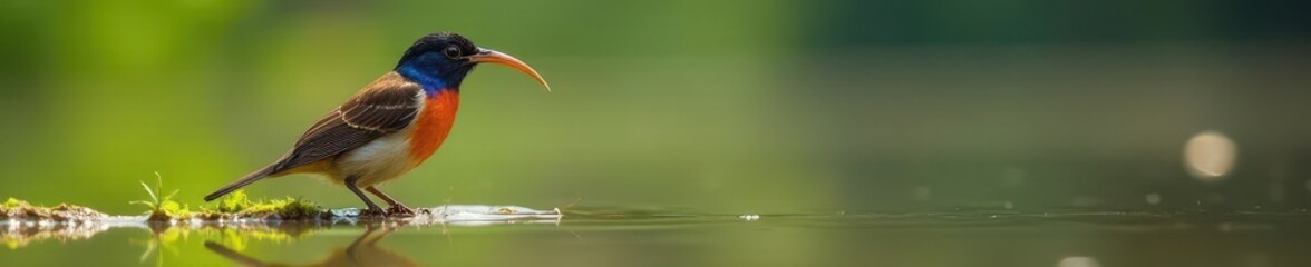 Fototapeta premium Puff-throated Babbler preening near water, Tahmini Ghat, Maharashtra, avian photography, detail