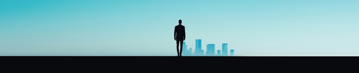 Silhouette of Businessman Against Urban Skyline