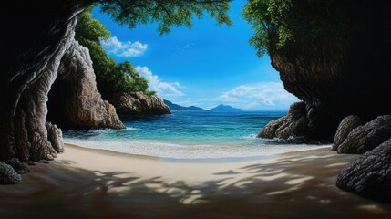 Fototapeta premium A secluded cove in Phuket, Thailand, with towering limestone formations, soft white sand, and gentle waves lapping at the shore, creating a peaceful paradise.