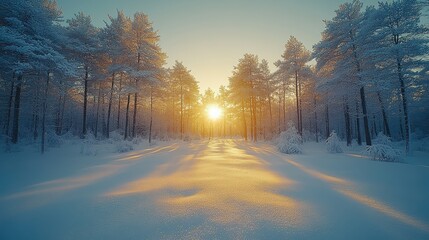 A snowy forest with evergreen trees dusted in white under a pale winter sun.