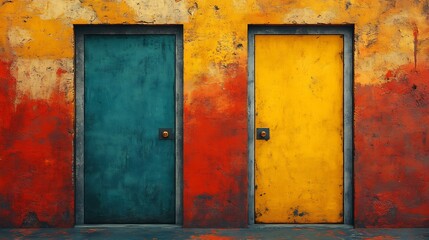 Vibrant teal and yellow doors contrast against a richly textured warm wall. AI Generated