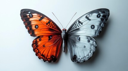 Obraz premium A butterfly with one side vibrant and colorful while the other side is in grayscale Depicting transformation and stark contrast.