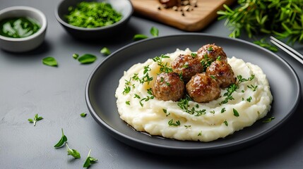 Delicious meatballs served on creamy mashed potatoes with fresh herbs garnish.