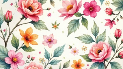 Fototapeta premium A Delicate Tapestry of Exquisitely Rendered Blossoms, Featuring a Vibrant Array of Floral Designs and Lush Greenery, Ideal for Textile Prints or Decorative Applications