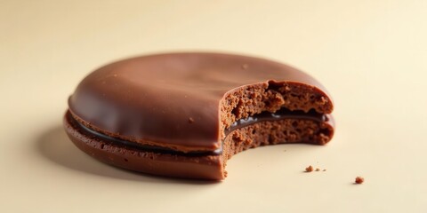 Obraz premium A delectable chocolate confection, partially consumed, reveals a rich, layered interior of moist, dark chocolate and delicate, crumbly biscuit; a tempting treat.
