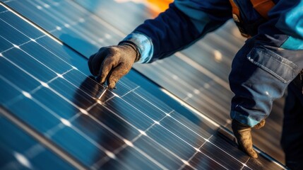 Worker installing solar panels on rooftop during sunny day in a residential area