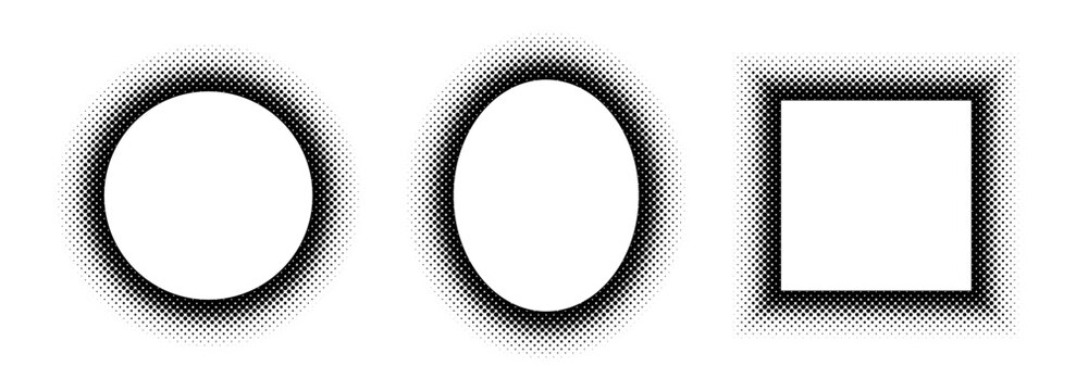 Black halftone geometric frame set. Dotted gradient border collection. Pop art comic dot picture holder design for banner template, copy space, emblem, poster element. Vector rasterized framing back