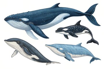 Fototapeta premium Whale Species Collection: Humpback, Pygmy Blue, Killer, and Bryde's Whales Isolated on White