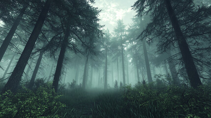 Fototapeta premium 霧深き幻想の森 – 自然が創る幻想風景