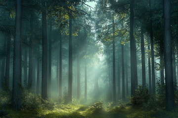 Obraz premium 霧深き幻想の森 – 自然が創る幻想風景