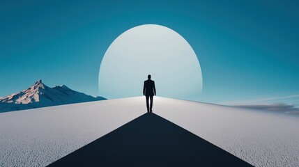 Solitary Figure Against A Vast Landscape and Moon