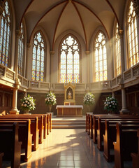 Fototapeta premium A sunlit interior of a grand synagogue, with intricate stained glass windows casting colorful patterns on polished wooden pews, and a majestic bimah adorned with lush floral arrangements.