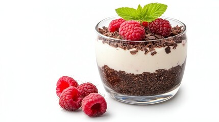 Delicious dessert featuring layers of cream, chocolate, and fresh raspberries.