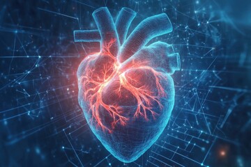 Obraz premium Glowing Heart Anatomy in Digital 3D Illustration with Connections