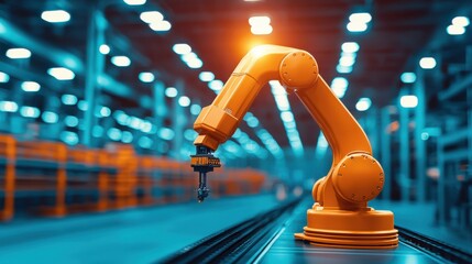 A cinematic view of a highly skilled industrial maintenance team, inspecting and repairing an advanced robotic arm on a high-tech manufacturing production line