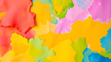 Colorful abstract paper collage with dynamic shapes and playful hues