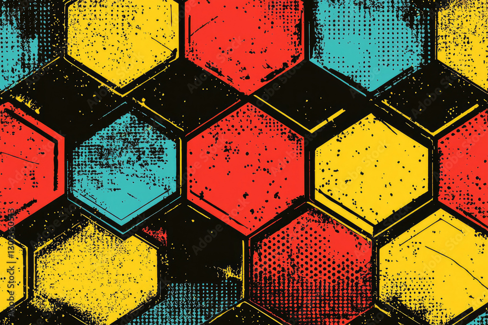 Aufkleber Abstract hexagonal pattern with grunge texture in red, yellow, and teal.