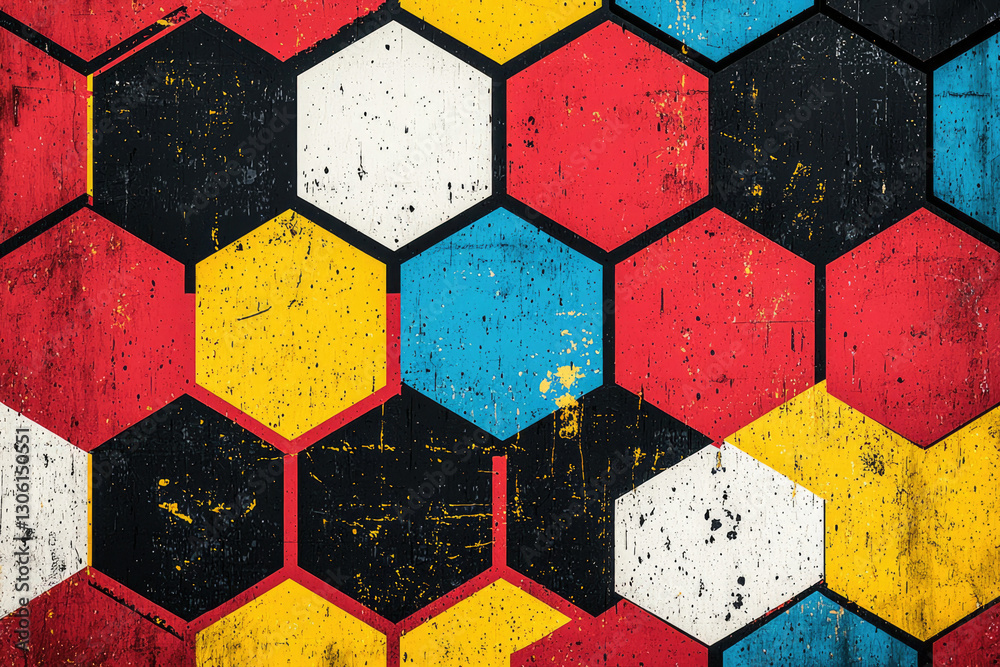 Poster abstract hexagonal pattern in red, yellow, blue, white, and black with a grunge texture.