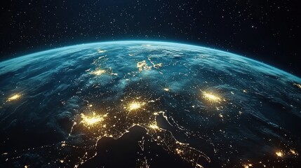 Fototapeta premium An illuminated planet Earth with night lights and a starry background