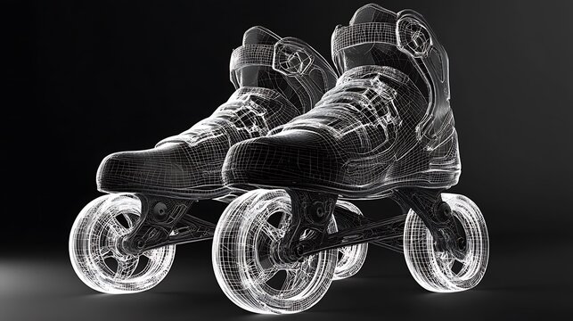 Inline Skates Wireframe Model Presentation on a Black Background