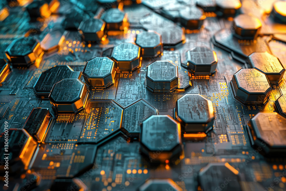 Aufkleber Abstract image depicting a futuristic circuit board with hexagonal components, glowing with orange and teal accents.
