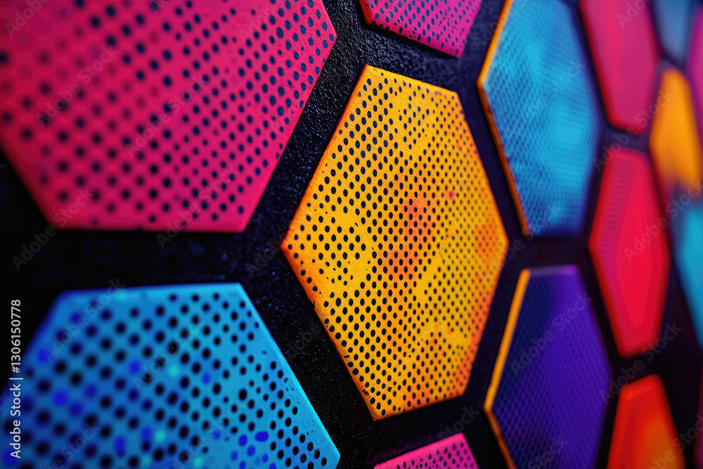Poster Vibrant hexagonal pattern with colorful dotted texture on a dark background.