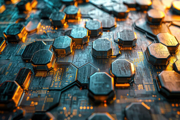 Abstract image depicting a futuristic circuit board with hexagonal components, glowing with orange and teal accents.