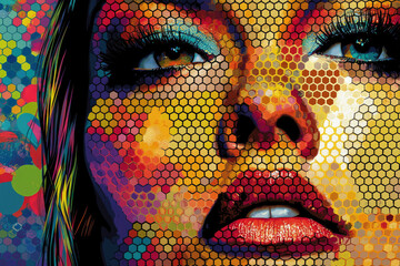 Vibrant mosaic portrait of a woman's face, showcasing bold colors and expressive features.