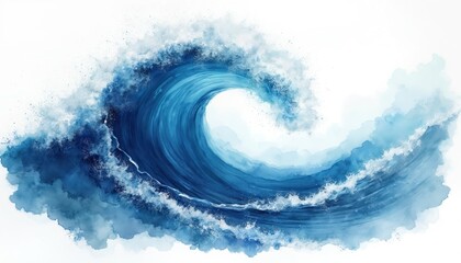 Fototapeta premium Watercolor illustration of sea wave in japanese style. Blue ocean water illustration, flow, motion. Hand drawn splashing tidal wave. Surfing sport banner template, marine liquid acrylic design. Clean