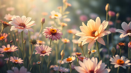 Charming field of blooming flowers in soft sunlight with a warm and inviting atmosphere