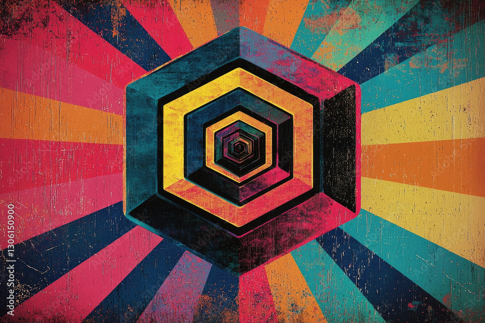 Poster a mesmerizing abstract artwork featuring a hexagonal tunnel receding into a vibrant, vintage-style s