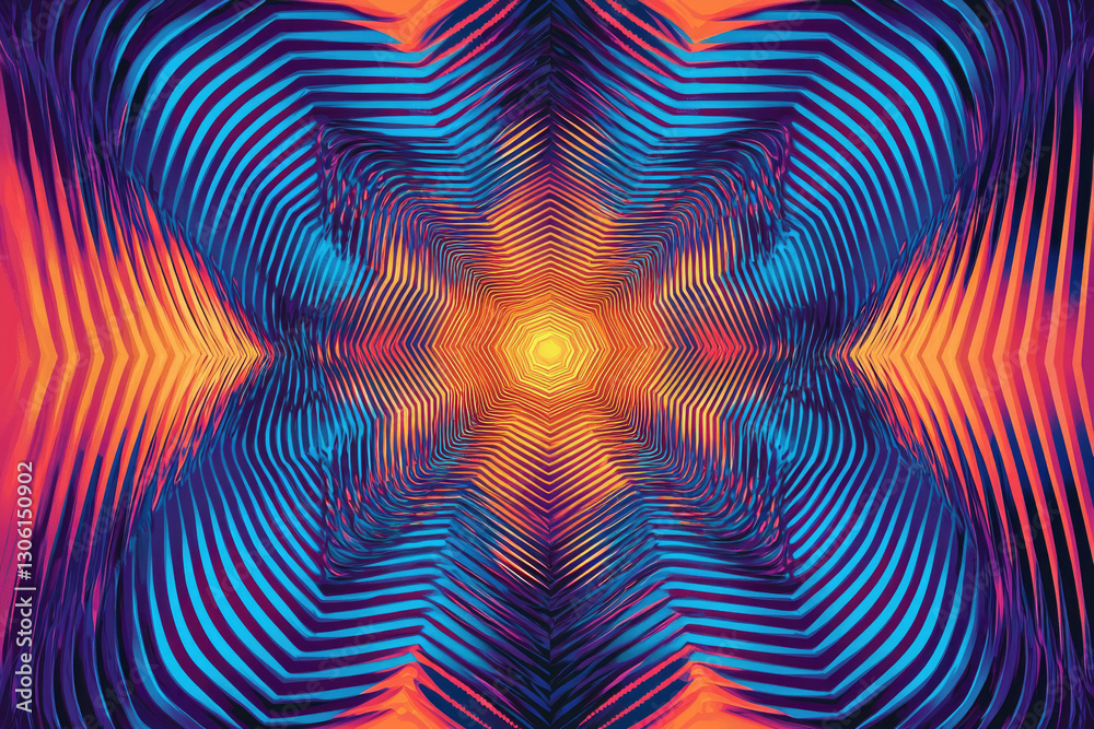 Poster Abstract kaleidoscopic image with vibrant blue, orange, and purple stripes creating a mesmerizing symmetrical pattern.