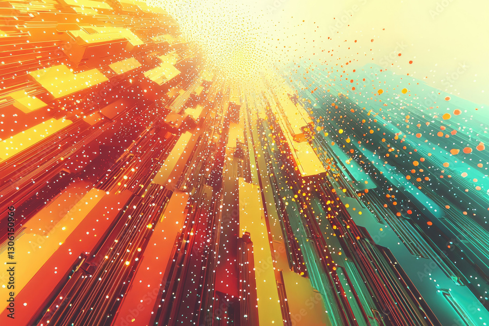Poster Abstract digital art depicting a vibrant, futuristic cityscape with glowing structures and particles.