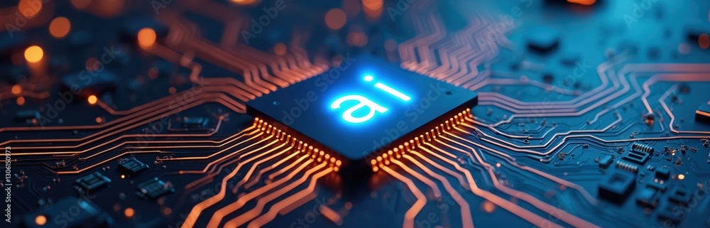 Leinwandbilder illuminated ai inscription on chip, reflecting machine learning concept. complex computer circuit mo